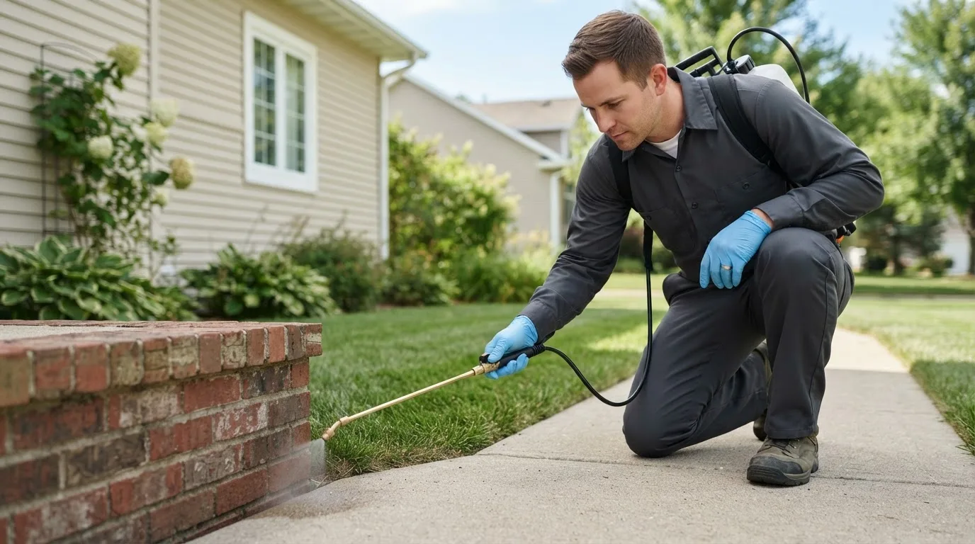 Pest control technician treating a home near Hinckley, OH