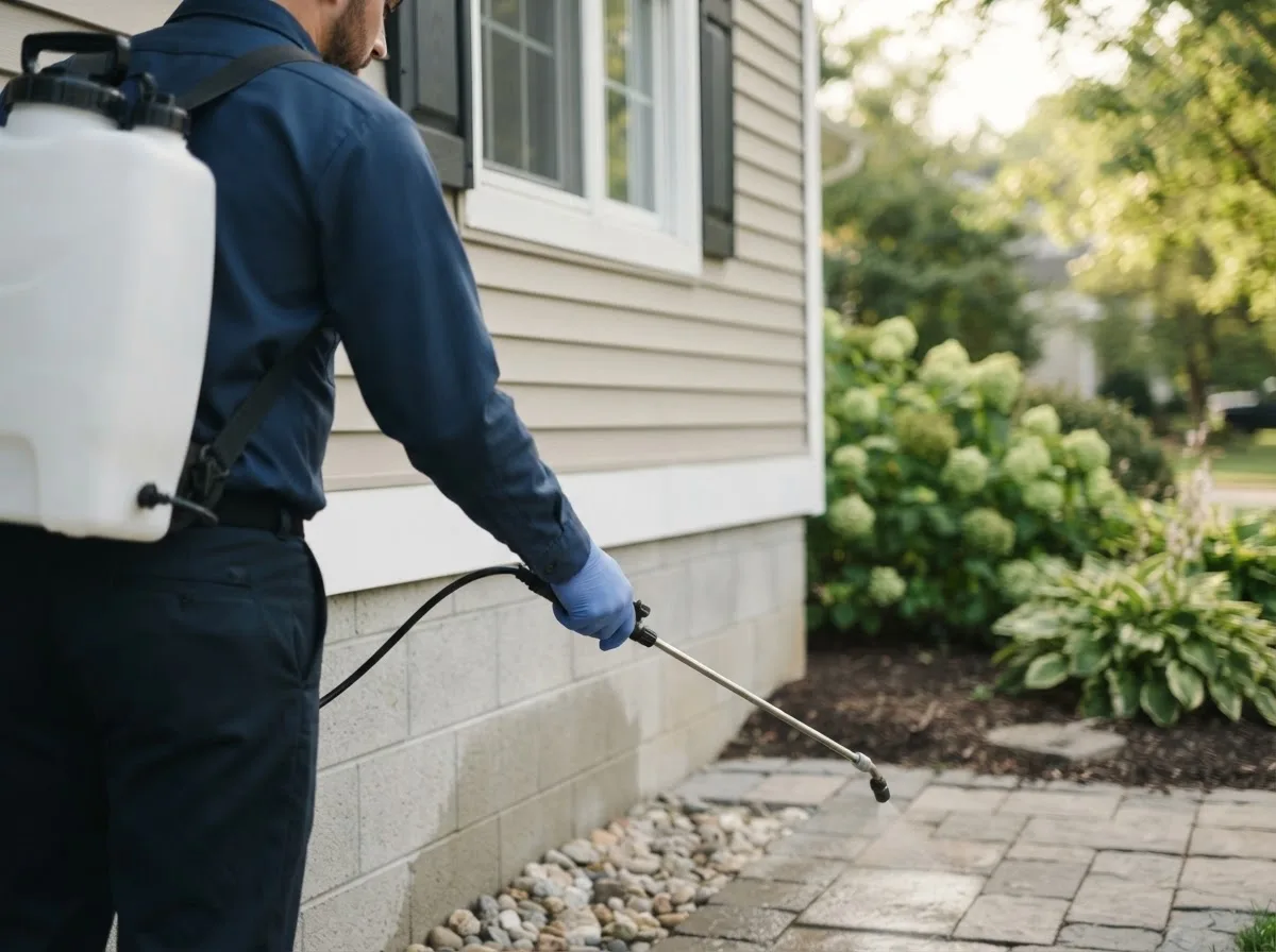 Pest control technician inspecting a home in Hinckley, OH